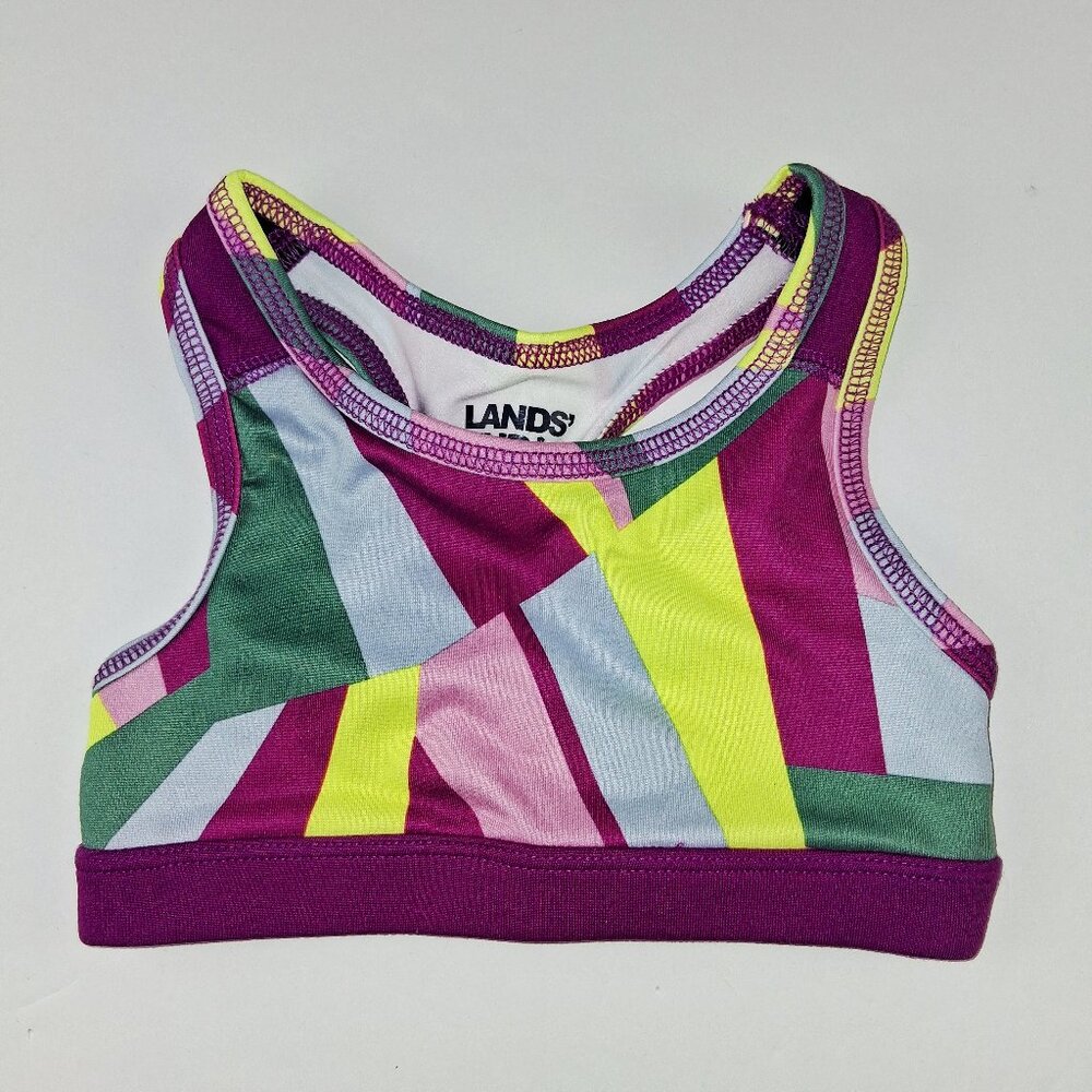 Lands' End Active Pattern Sports Bra Girls Size XXS Violet Rose Multi Geo Print
